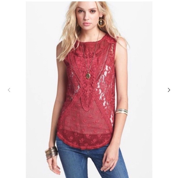 Free People Shirt Womens XS Red Tank Top Not So Sweet Victorian Lace Burnout Tee - Picture 1 of 10